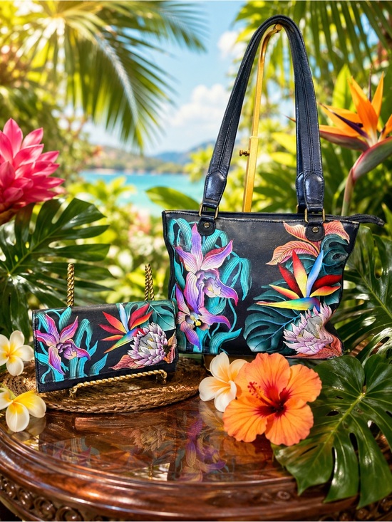 Anuschka Handbags - Anuschka Black Tote with Vibrant Tropical Floral Paint and matching wallet